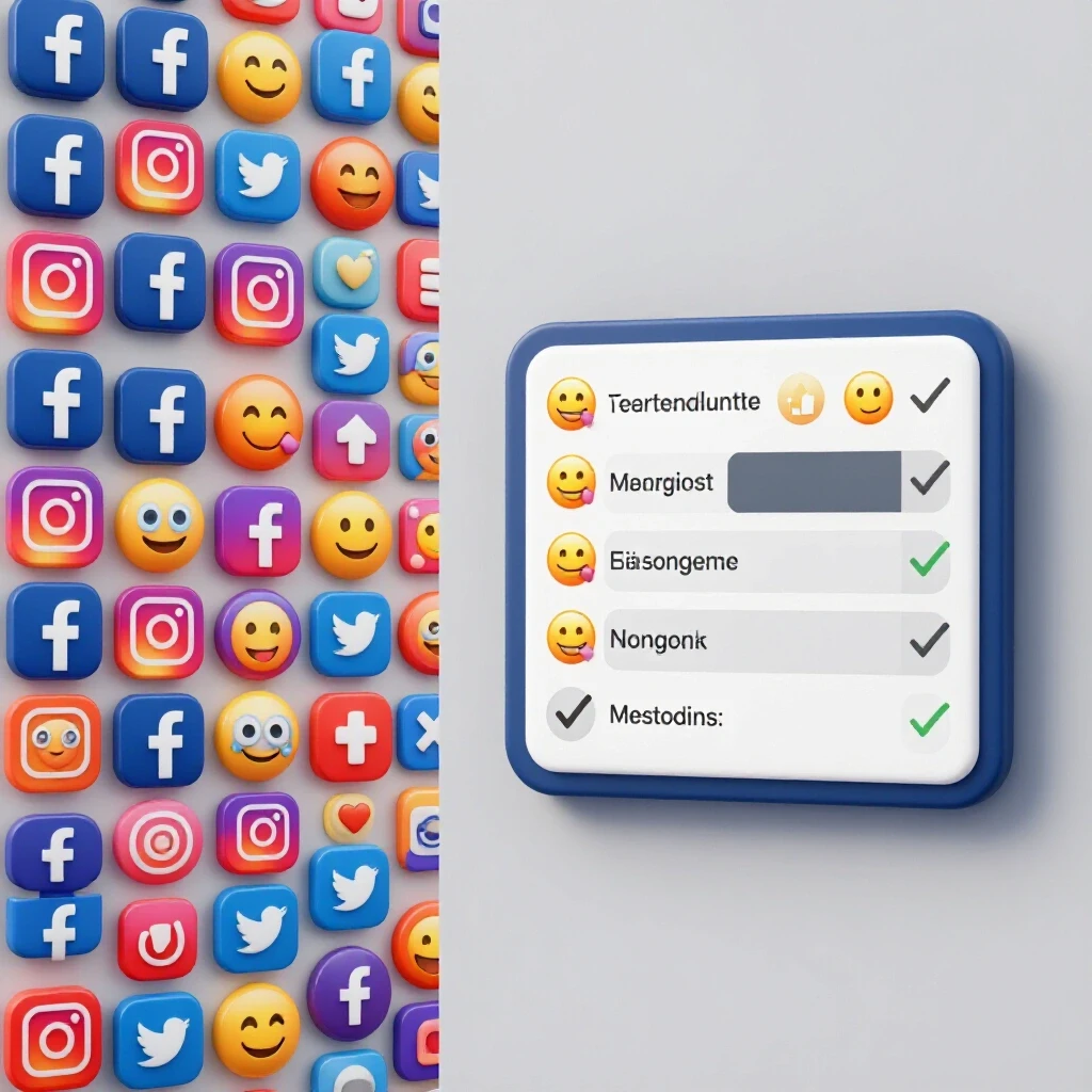 Vibrant split-screen featuring social media icons and an engaging poll graphic with emojis and checkmarks.
