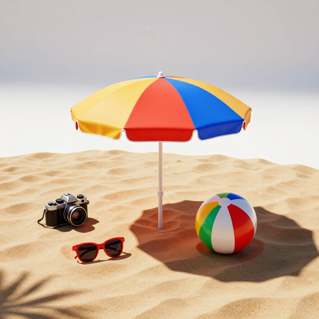 Vibrant beach scene with a colorful umbrella, camera, sunglasses, and a beach ball on sandy shore.