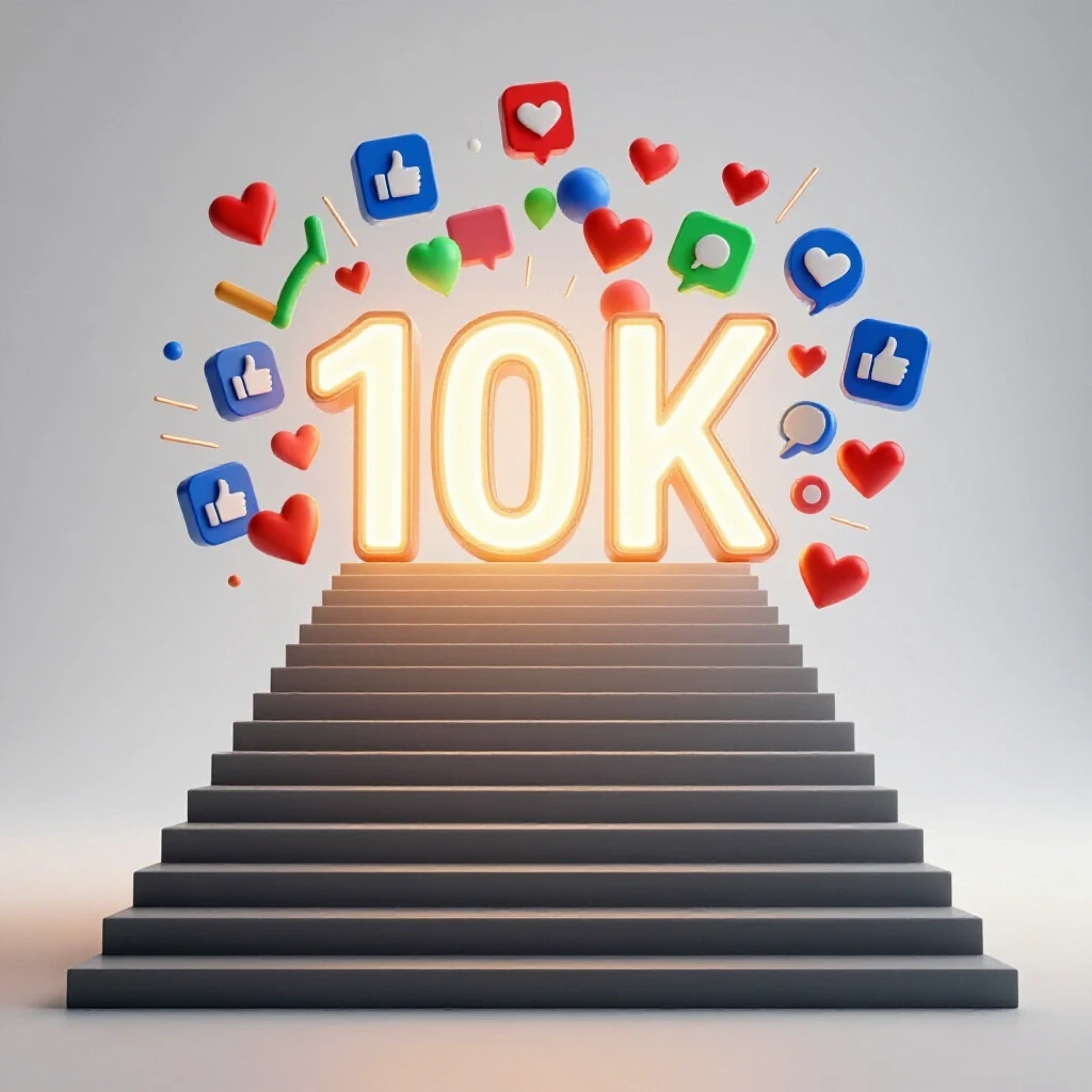 A vibrant 3D image of a staircase leading to a glowing '10K' number, surrounded by social media icons, symbolizing follower growth.