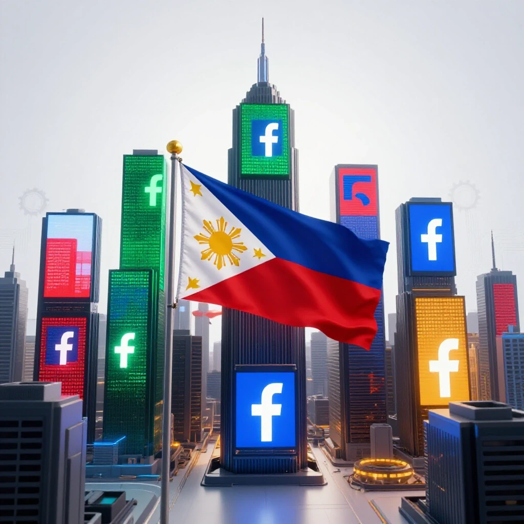 A vibrant futuristic city skyline with digital screens showcasing Facebook ads, featuring the Philippine flag in the foreground, highlighting social media marketing innovations.