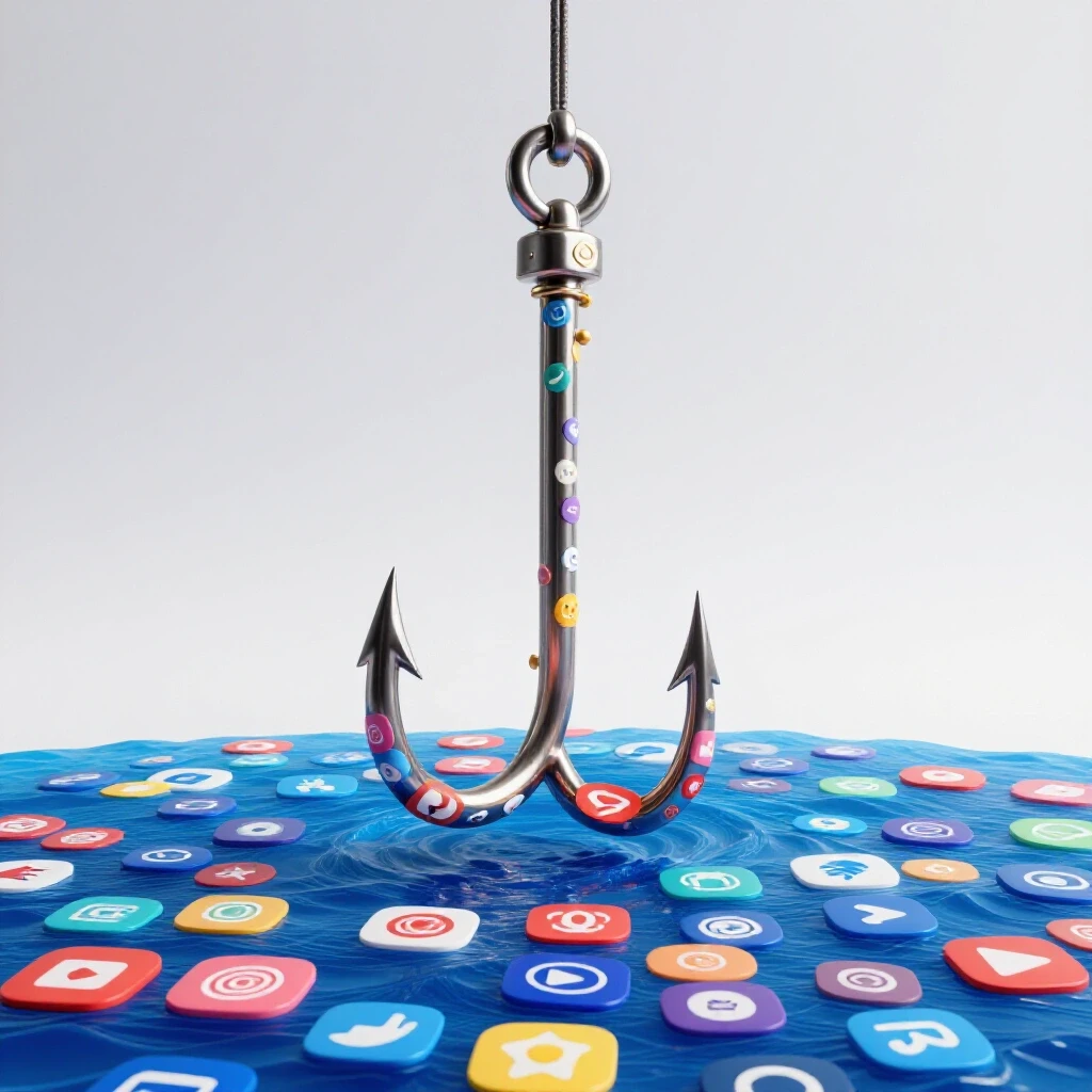 A large fishing hook adorned with social media icons, hovering over a colorful ocean of brand logos, symbolizing audience engagement.