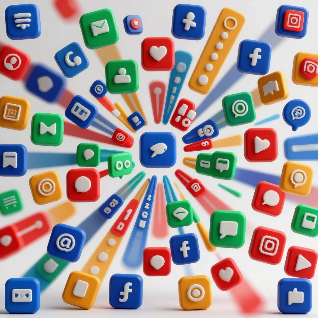 Dynamic 3D composition with colorful social media icons radiating from a bold 4:5 frame, symbolizing engagement.