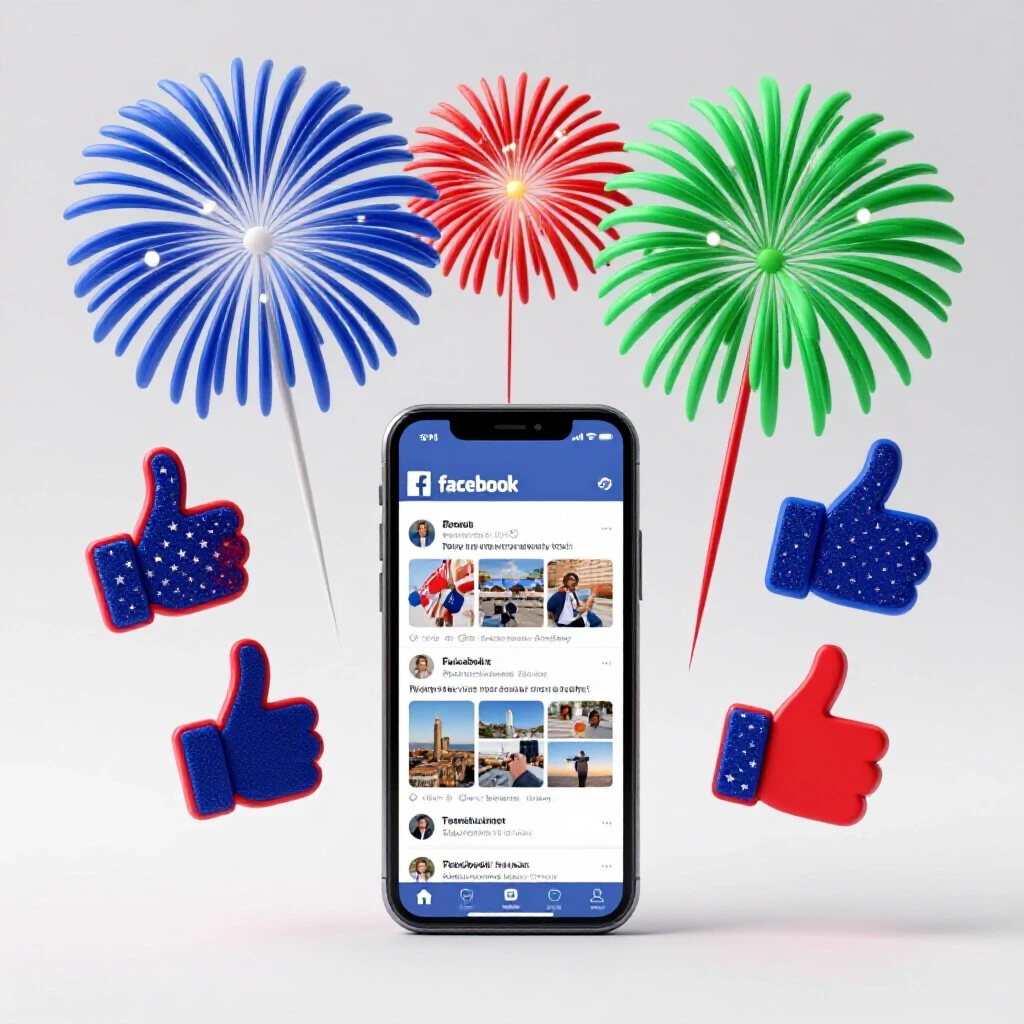 A festive 4th of July scene featuring thumbs-up shaped fireworks and a smartphone displaying patriotic Facebook posts.