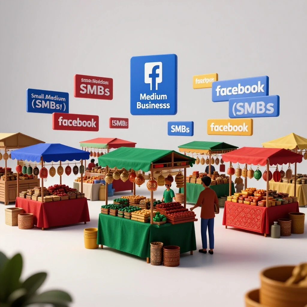 Vibrant marketplace in Bangladesh with colorful stalls and floating Facebook ad notifications for SMB growth.