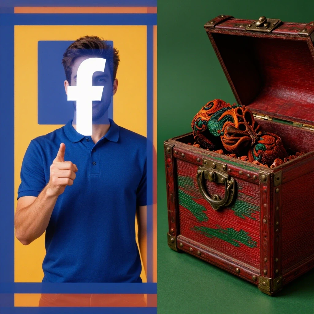 Vibrant Facebook ad contrasting with an opened treasure chest, symbolizing growth and success.