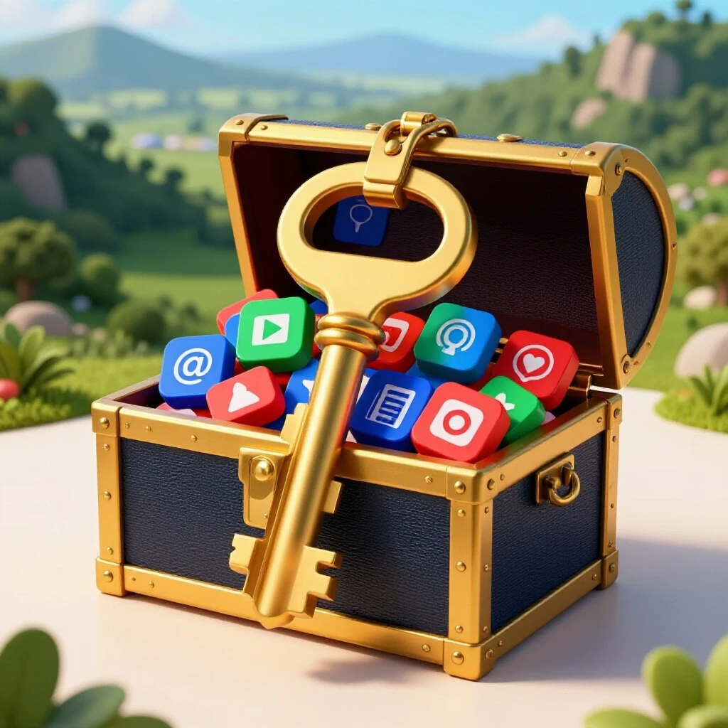 A vibrant landscape with a golden key unlocking a chest filled with colorful social media icons, symbolizing Facebook ads success.