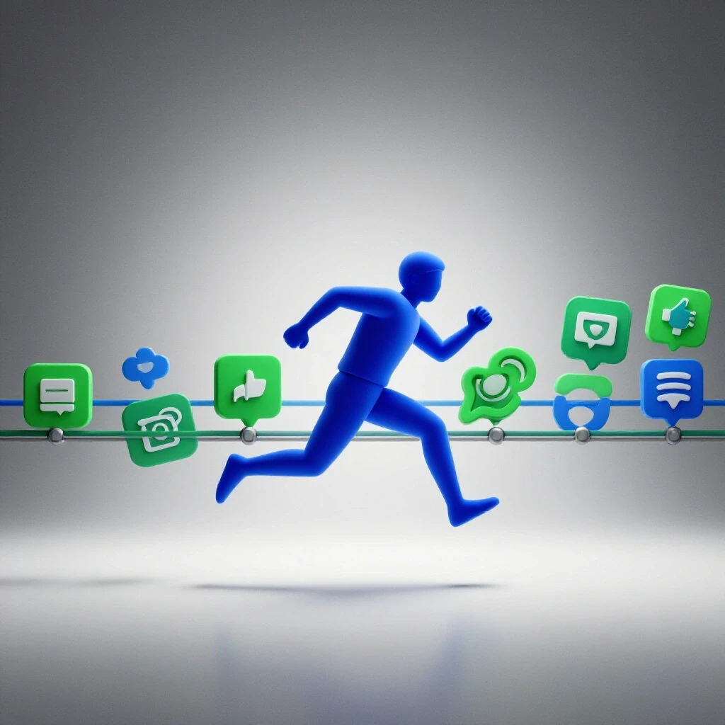 A dynamic timeline graphic showing a sprinting figure navigating through vibrant social media icons, symbolizing growth phases.