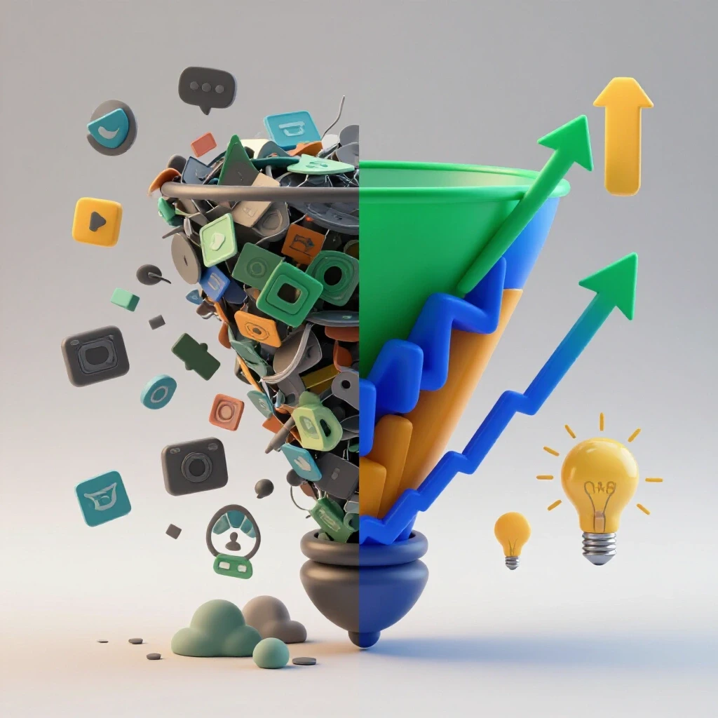 An illustrative split-screen showing a cluttered social media funnel versus an efficient vibrant funnel with graphs and insights.