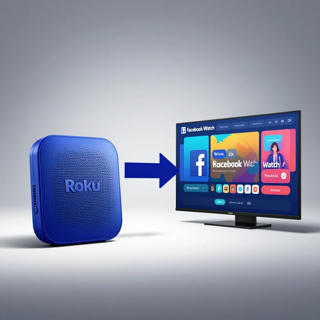 A vibrant Roku device and Facebook Watch interface split-screen indicating easy access with a dynamic arrow.