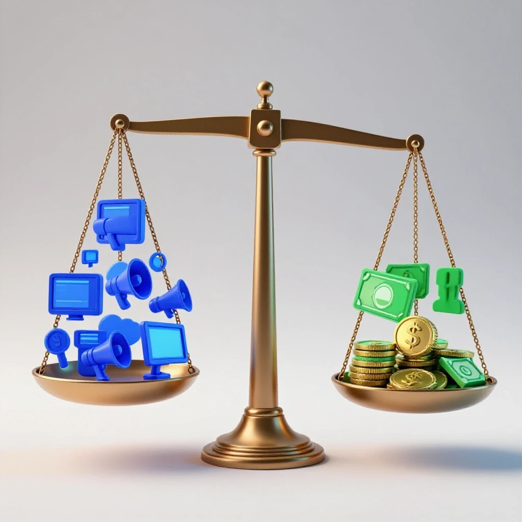 A balancing scale visually representing ad frequency with megaphone icons and CPA with dollar bills in a bright studio setting.