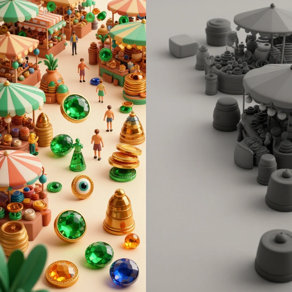 A split image showing a vibrant marketplace on one side and a dull empty space on the other, illustrating ad platform performance.