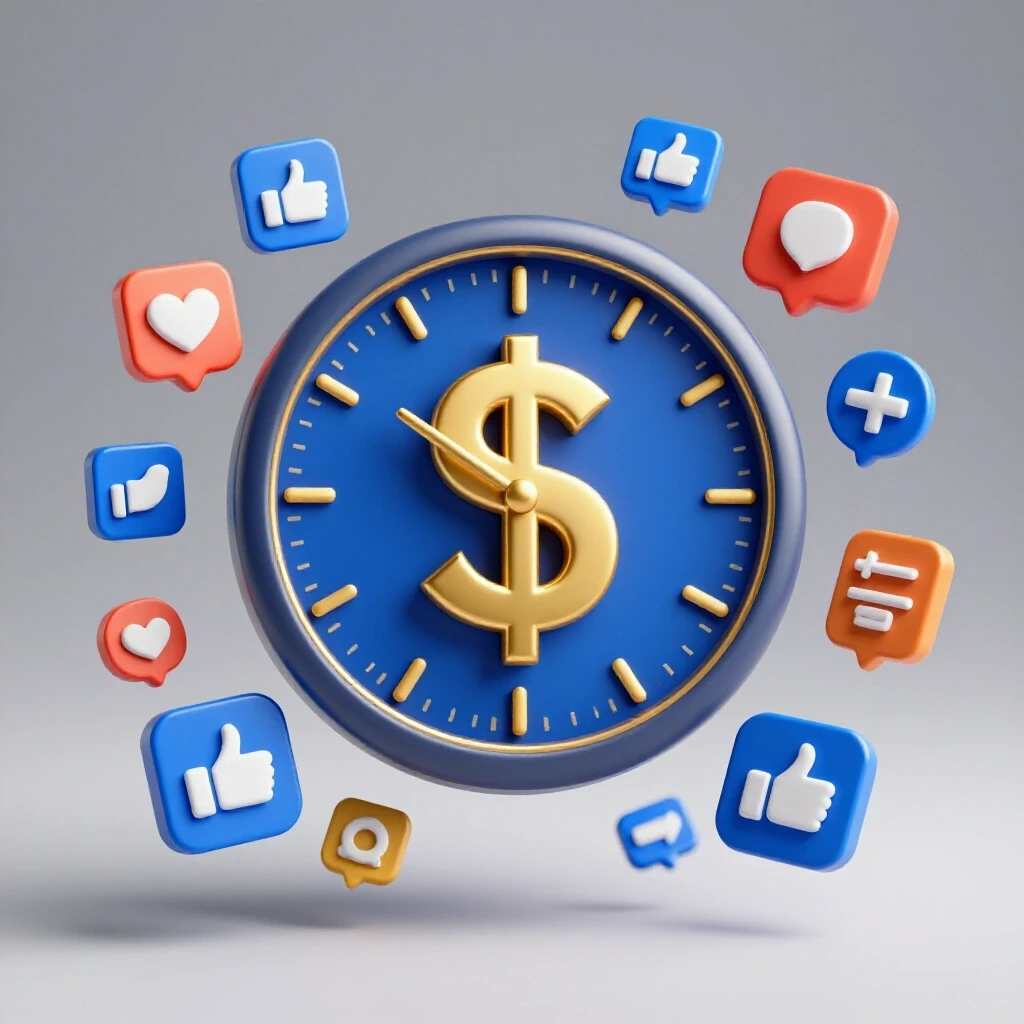 A gold dollar sign clock surrounded by animated social media icons on a bright blue background representing ad spend ROI.