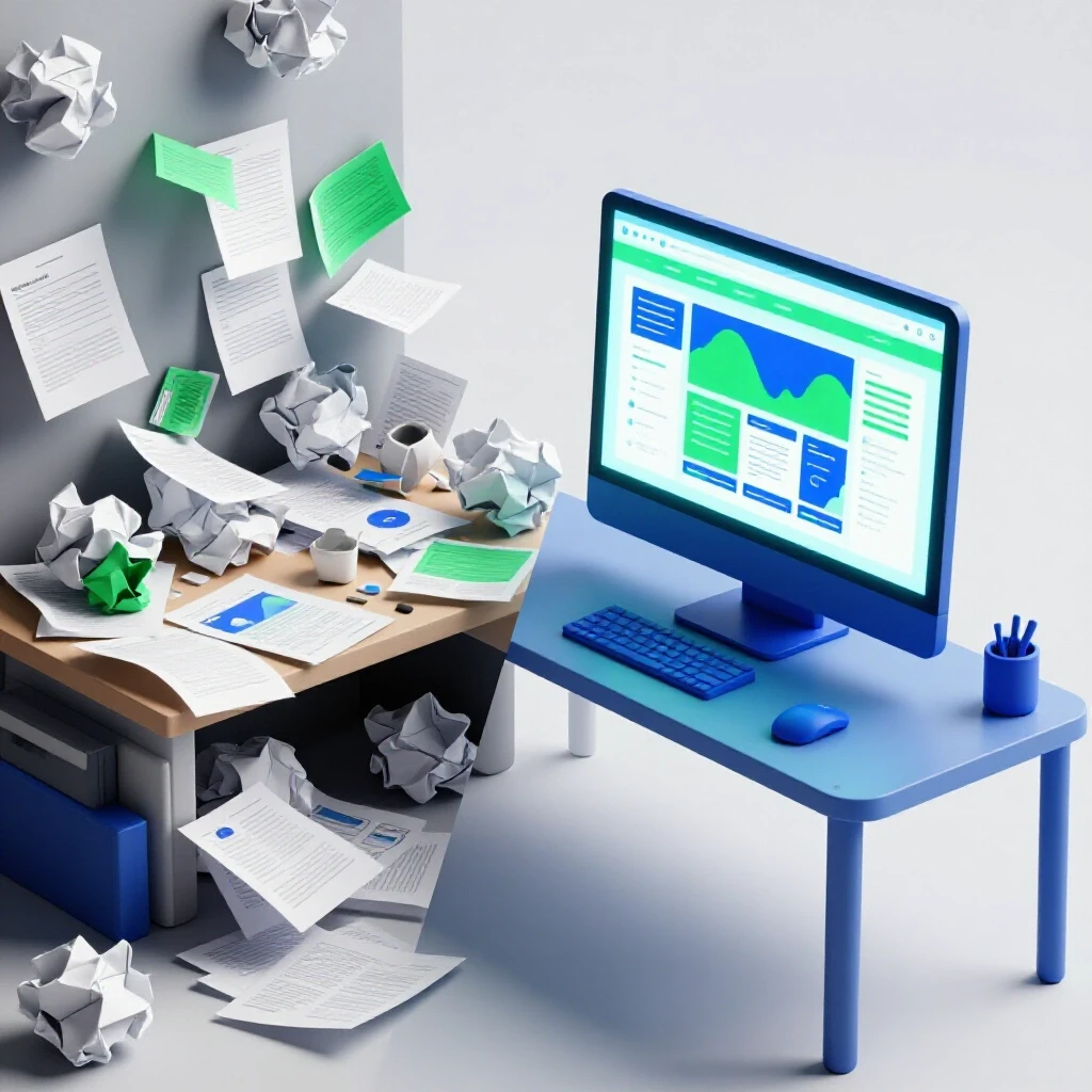 A contrasting image showing a cluttered workspace on the left and a sleek organized desk with an ad template on the right side.
