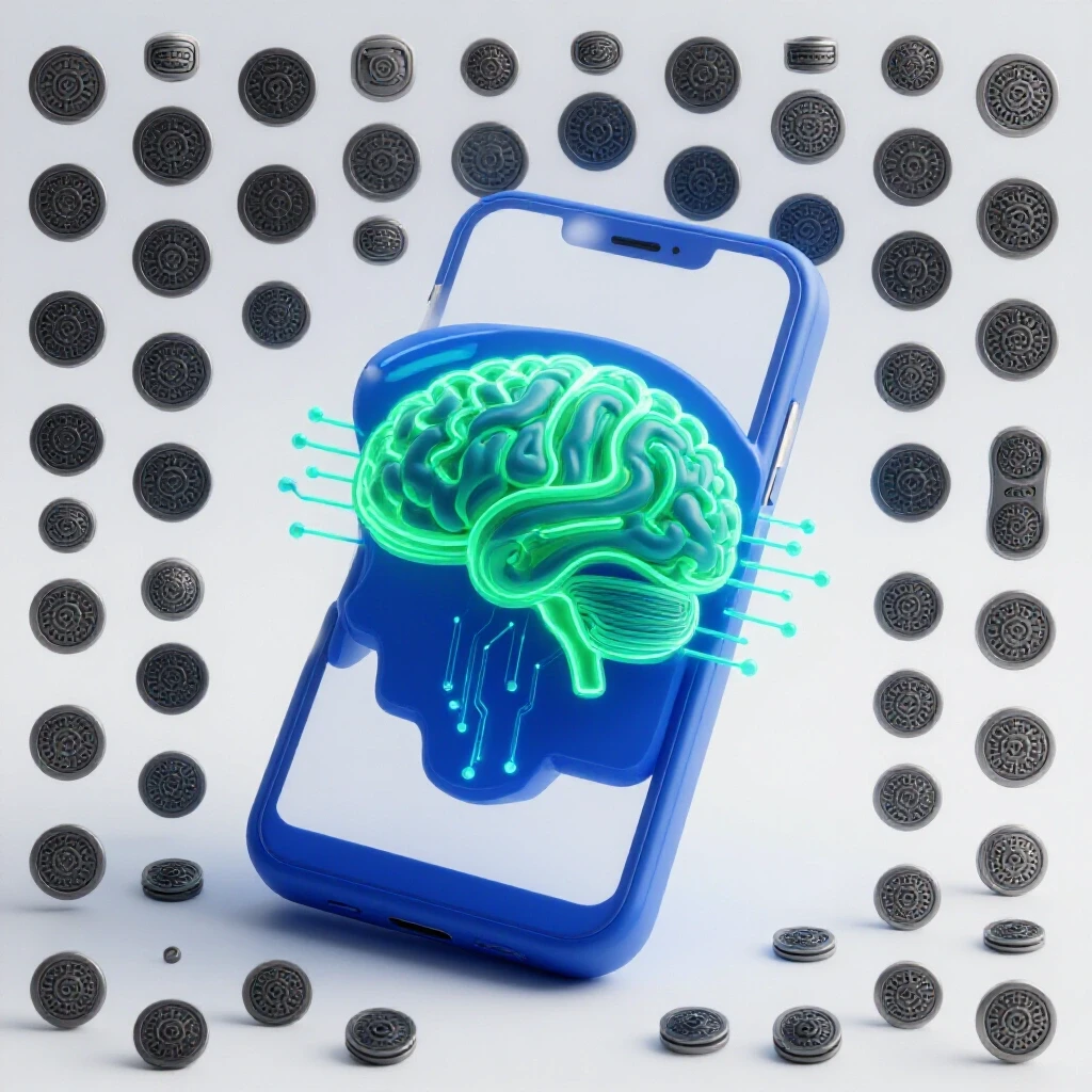A vibrant 3D image of a smartphone intertwined with a glowing AI brain, symbolizing the blend of social media and technology.