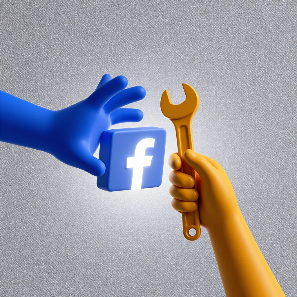 An artistic display of two contrasting hands reaching towards a Facebook logo and holding tools, symbolizing social media admin delegation.