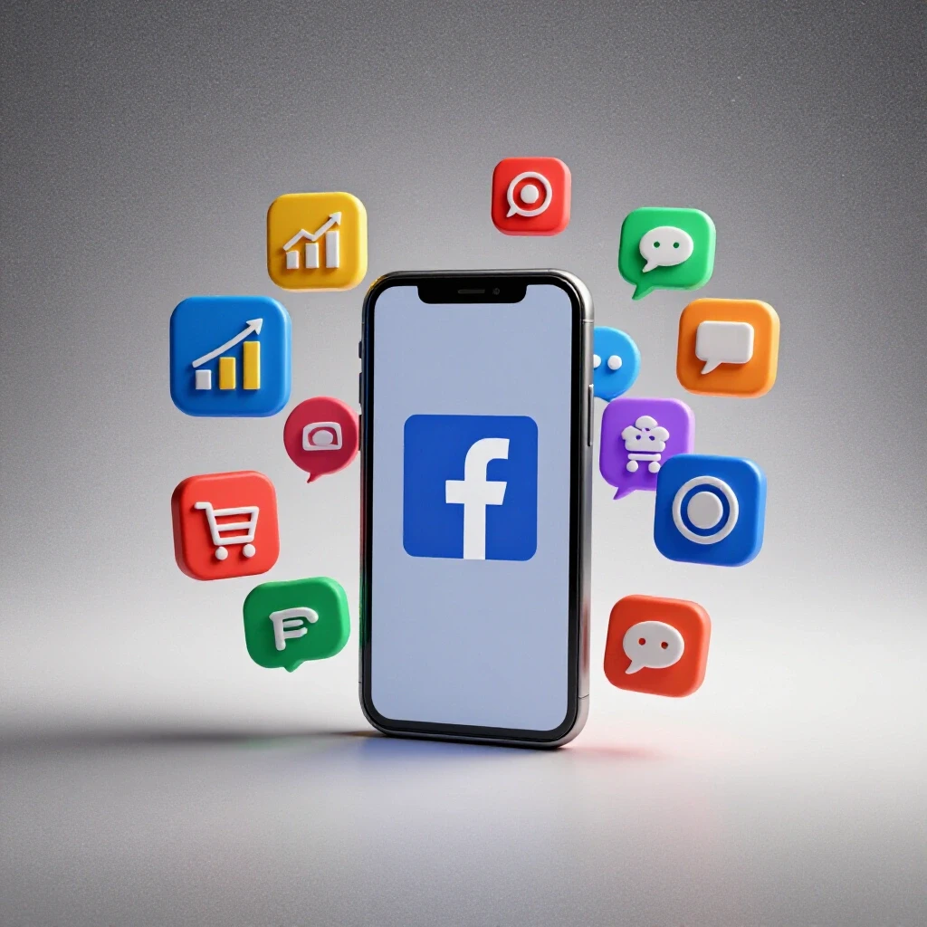 A smartphone with the Facebook logo surrounded by colorful business tool icons, illustrating social media marketing.