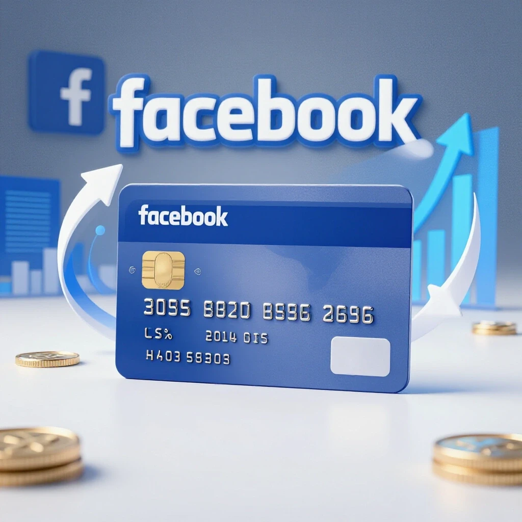 A glossy credit card emerging from a vibrant Facebook-themed background, indicating growth and success in ads.