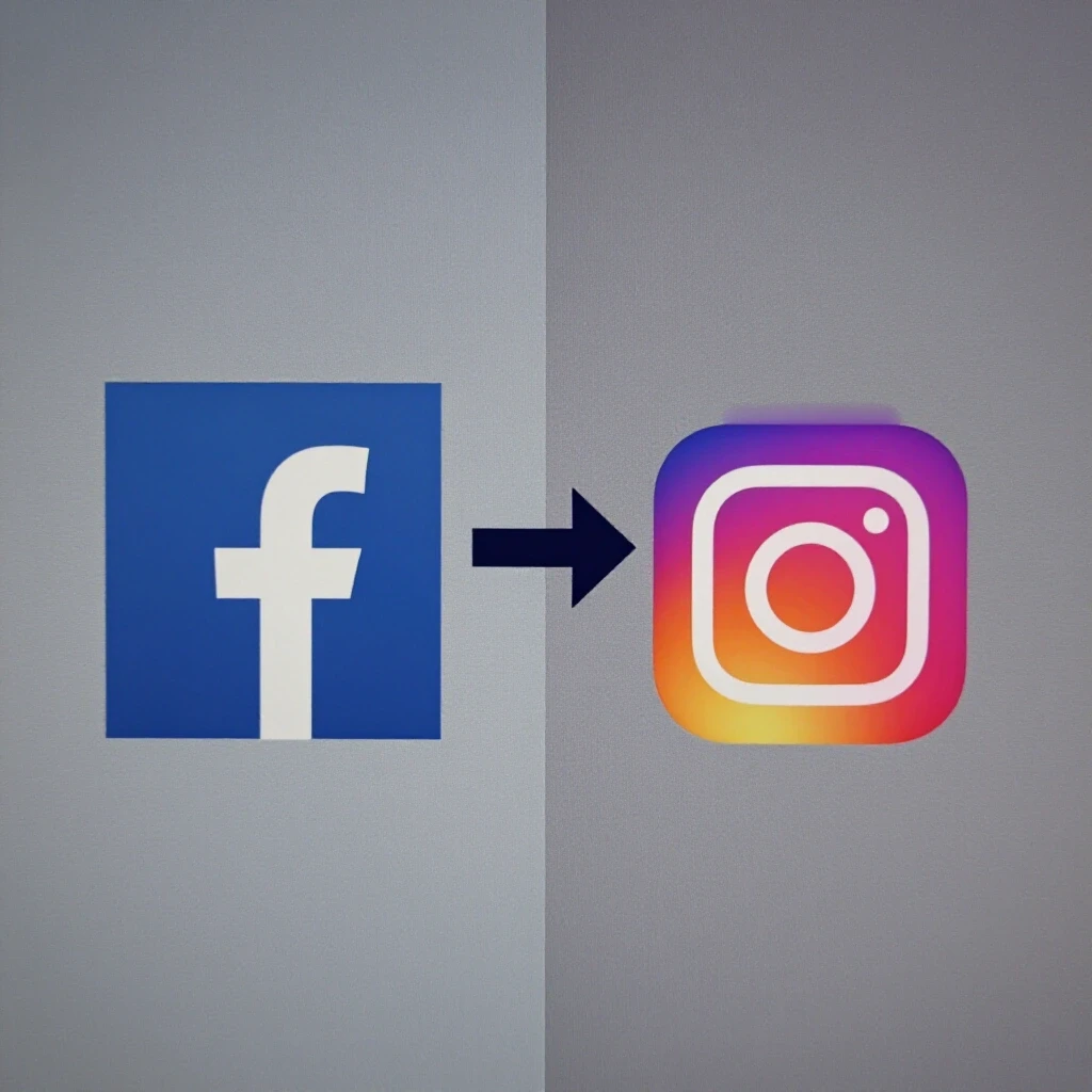 Visual representation of Facebook and Instagram logos integrating through an arrow, symbolizing connection.