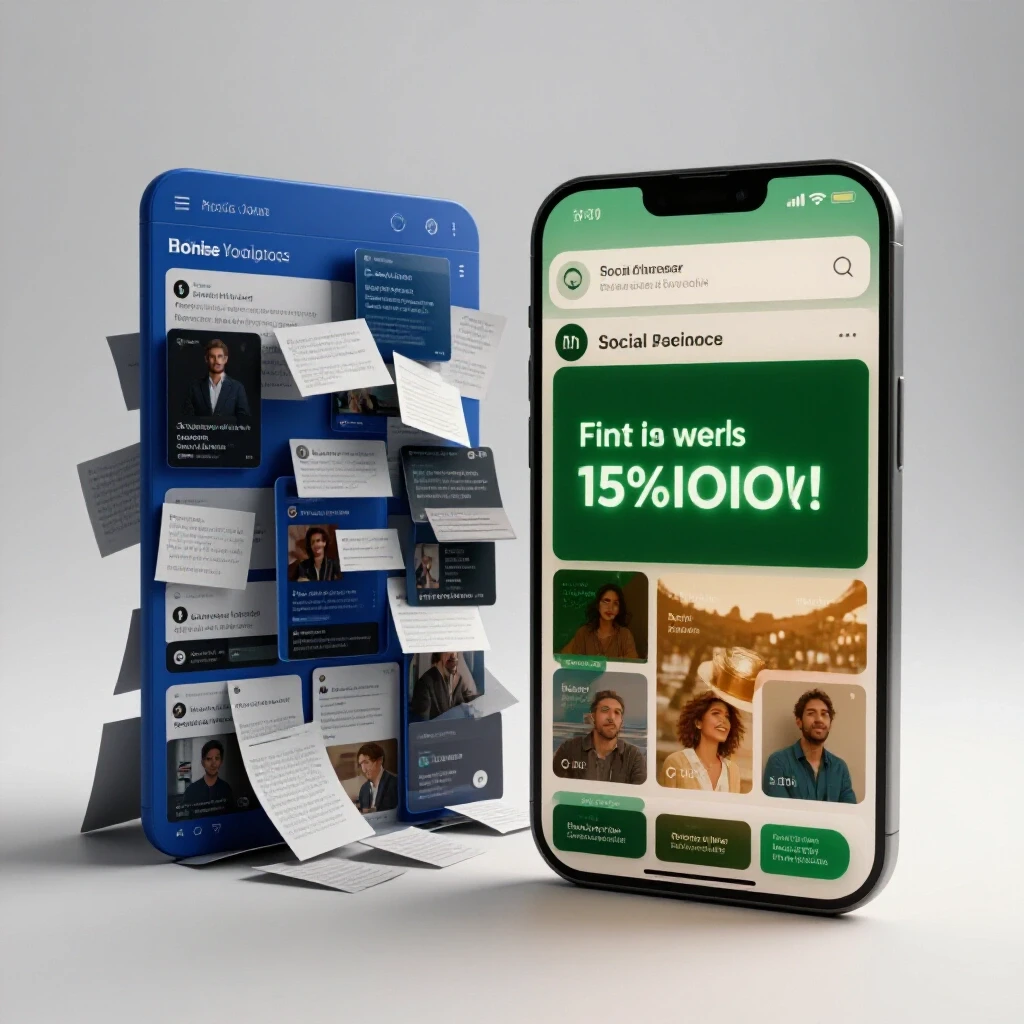 A vivid comparison of a chaotic social media feed versus a streamlined, successful ad interface illustrating effective ROI strategies.