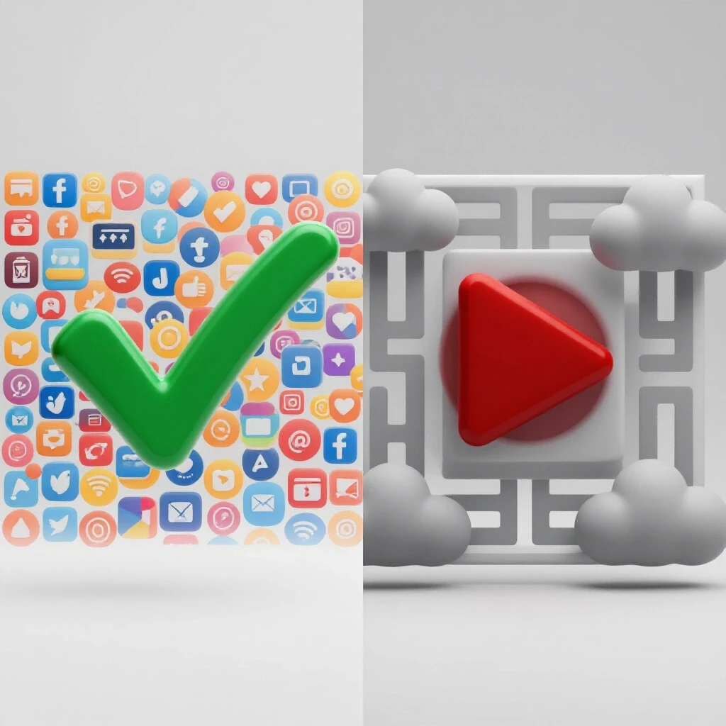 A visual representation contrasting a green checkmark with social media icons and a paused play button amidst gray clouds.