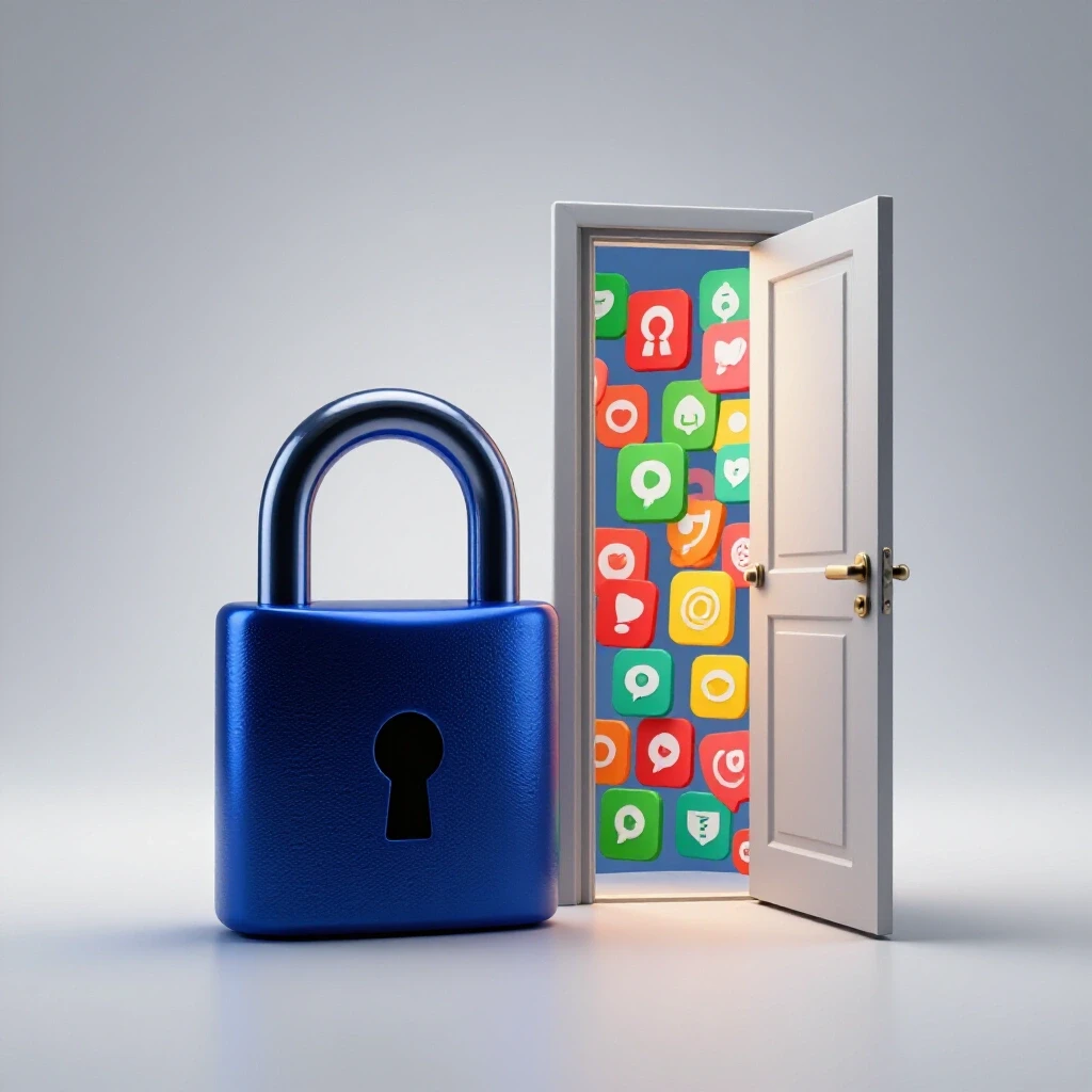 A visual contrast between a locked padlock and an open door filled with colorful social media icons, illustrating advertising limitations.