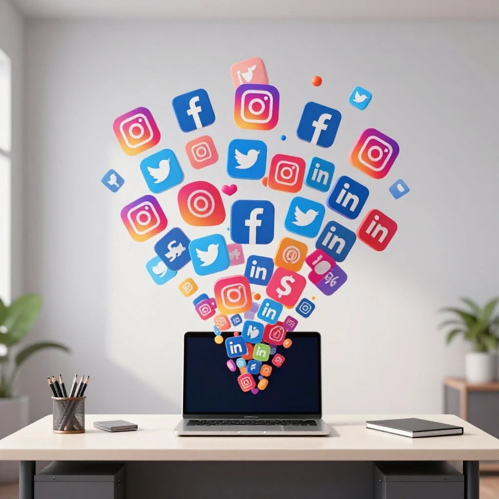 A traditional office desk with a laptop, vibrant social media icons exploding from the screen, symbolizing a career transition.