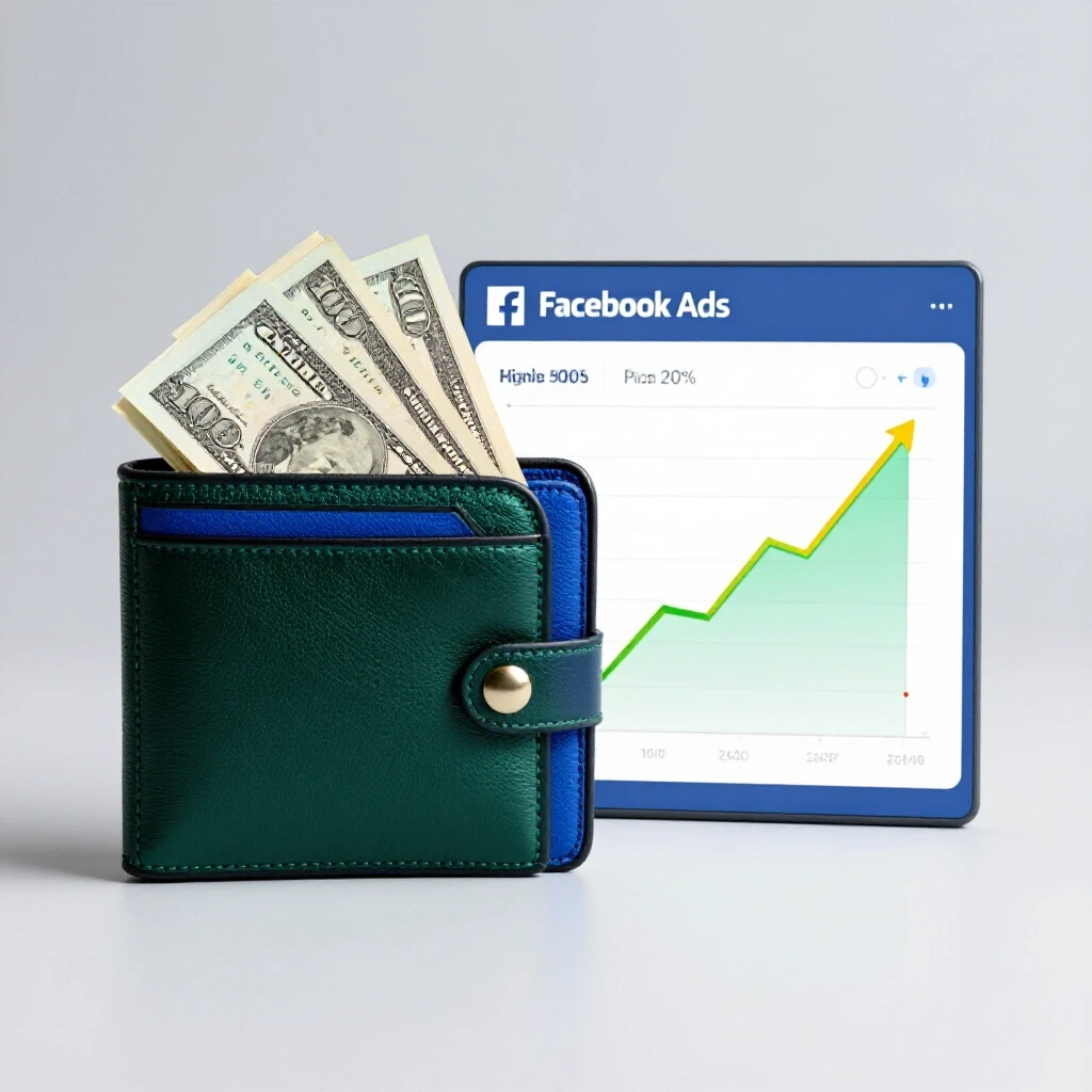 A split-image showing a digital wallet filled with cash and a Facebook Ads interface with rising graph lines, symbolizing ROI.