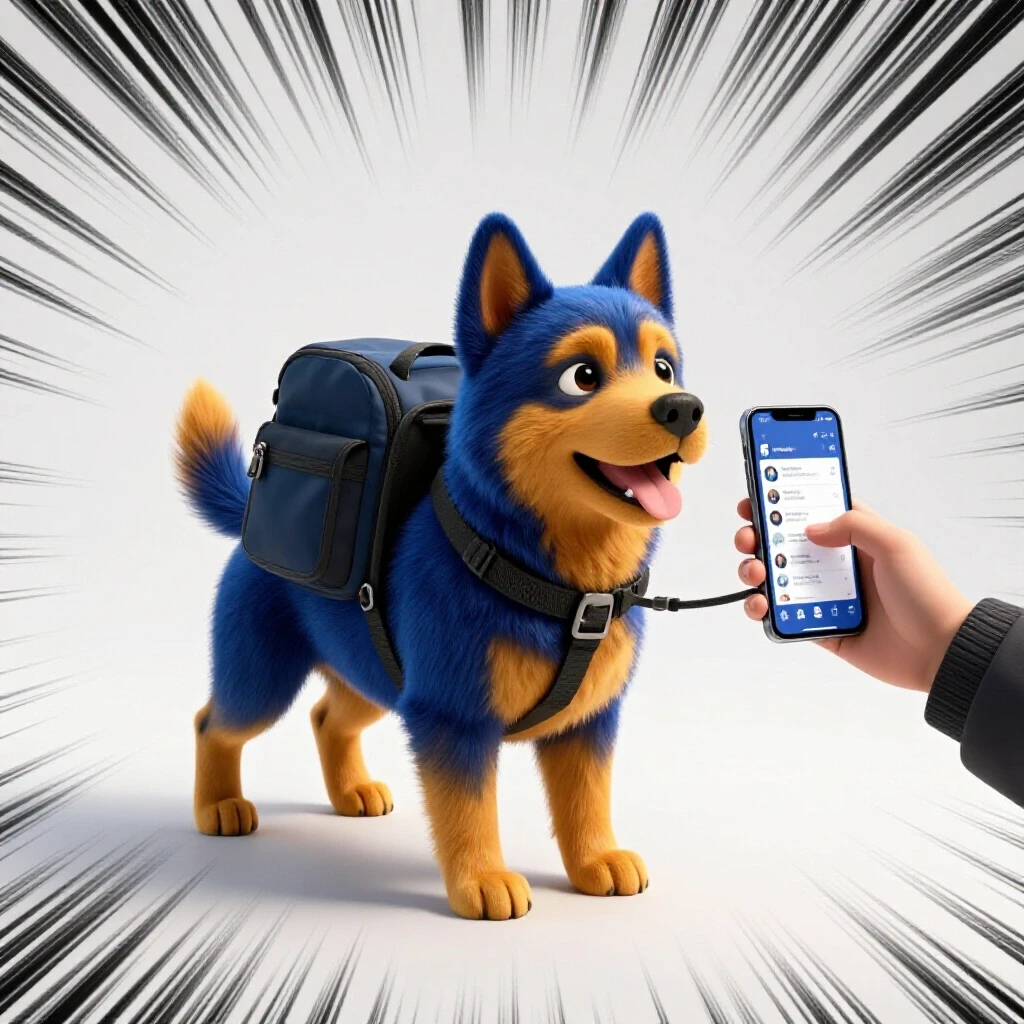 Playful dog in a vibrant backpack pulling a person with a smartphone showing Facebook.
