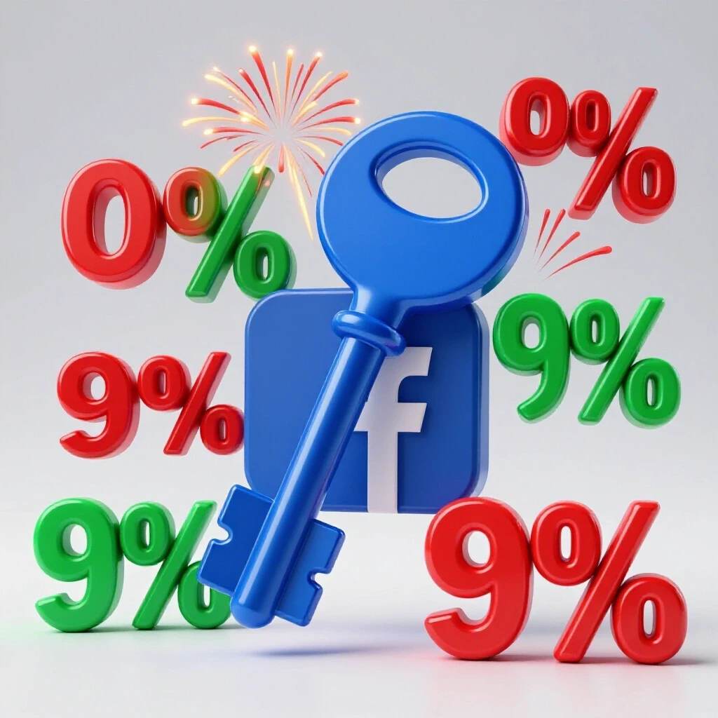A giant key unlocking a Facebook icon with colorful interest rate percentages bursting around it, set against a bright background.