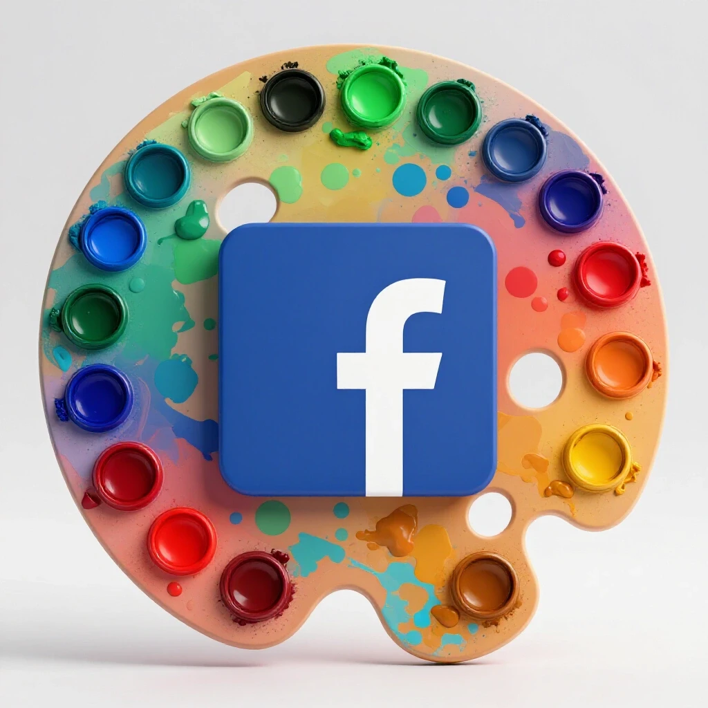 A colorful paint palette overflowing with rich hues surrounding a minimalist Facebook logo, symbolizing creativity.