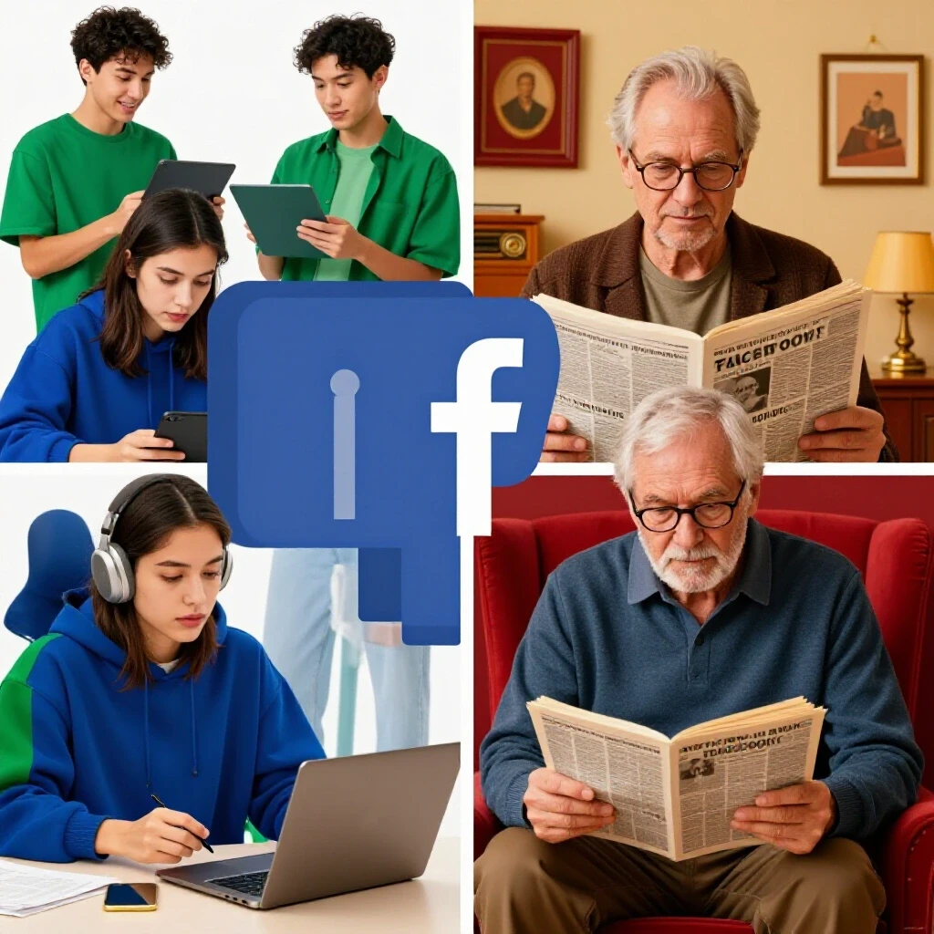 A split-image showing contrasting age-based Facebook usage trends with vibrant youth interactions and nostalgic older engagement.