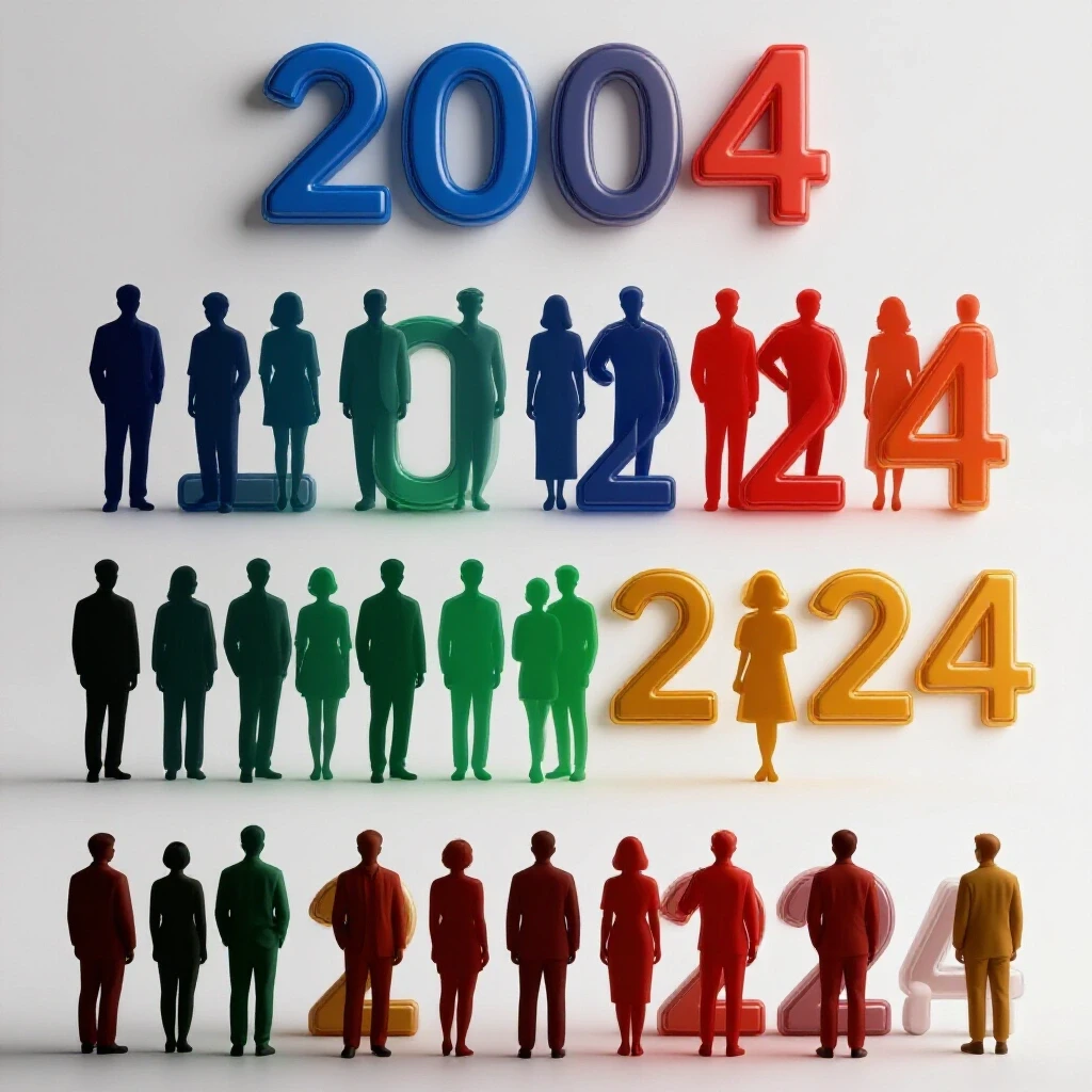 A visually dynamic representation of the evolution of Facebook's age demographics from 2004 to 2024, featuring silhouettes along a timeline.