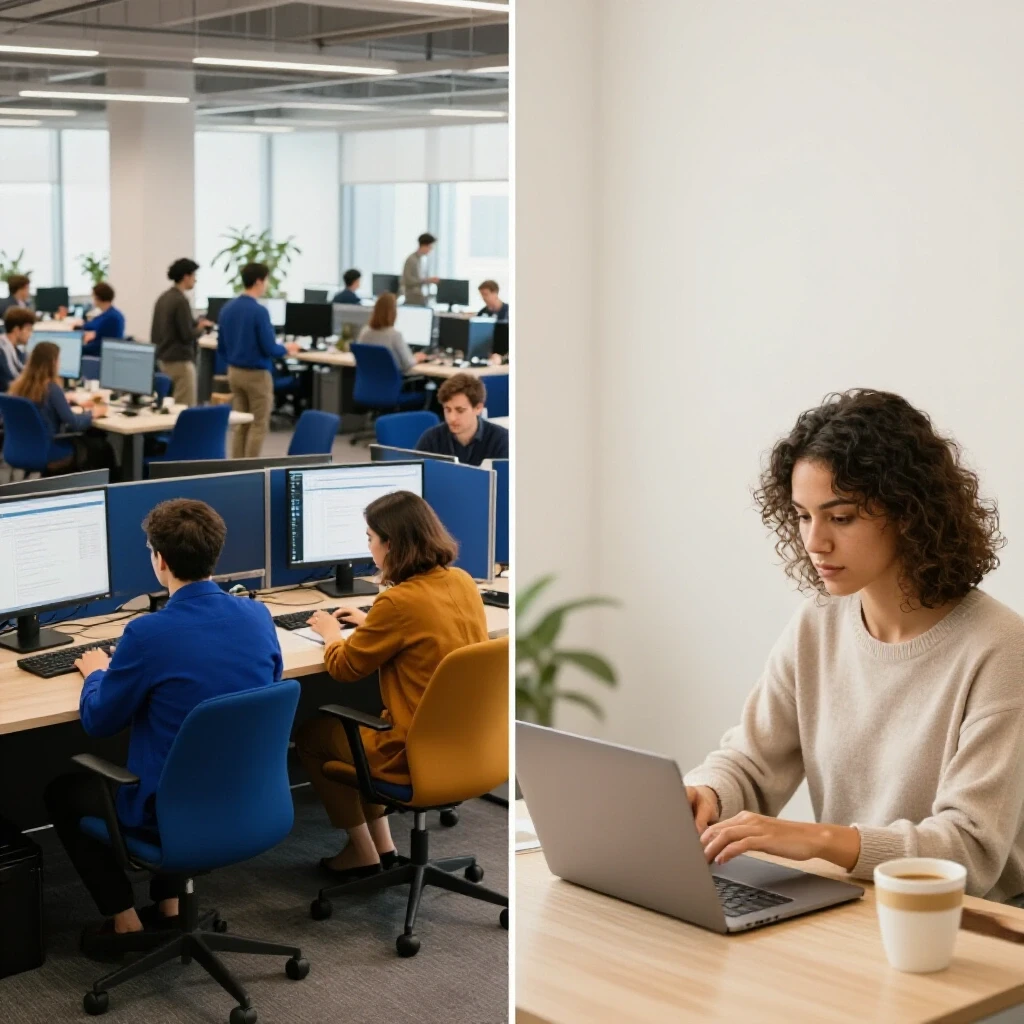 A split image contrasting a vibrant agency environment with teams and tech alongside a calm freelance workspace with a laptop and coffee.