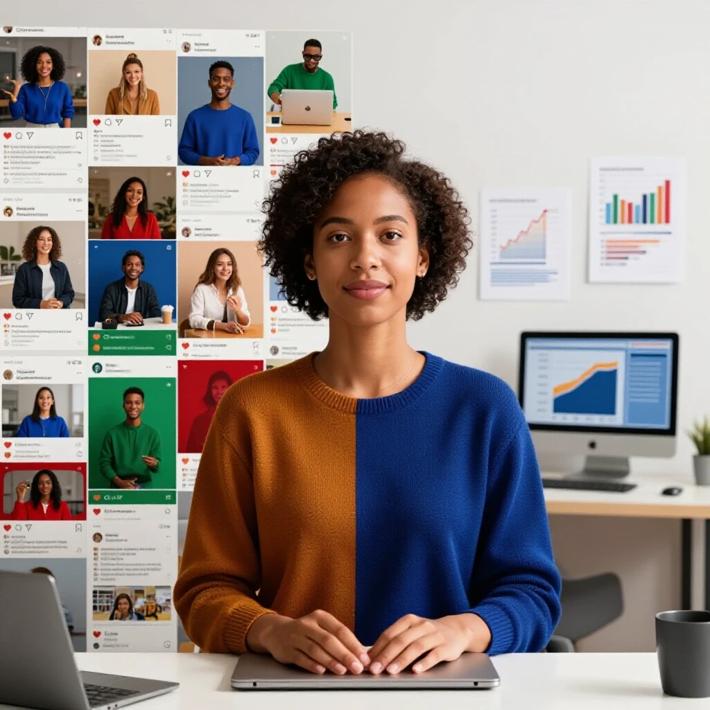 A split-screen comparison of a lively social media landscape and an organized analytics workspace, showcasing contrasts in environments.