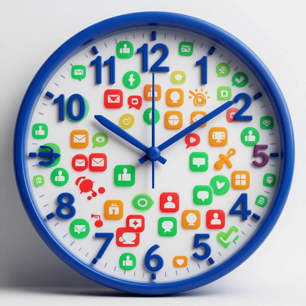 A vibrant clock transforming into a digital social media interface, symbolizing time-saving technology.