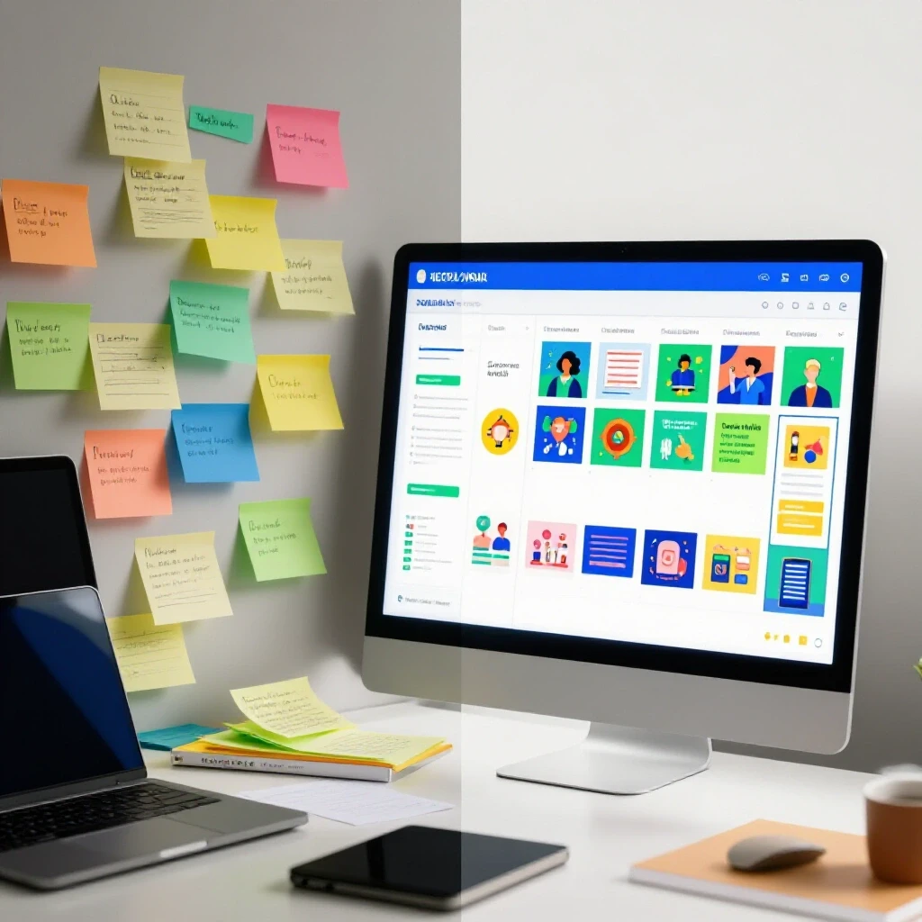 A split image showing a chaotic brainstorming scene with scattered notes on one side and an organized digital calendar for social media on the other side.