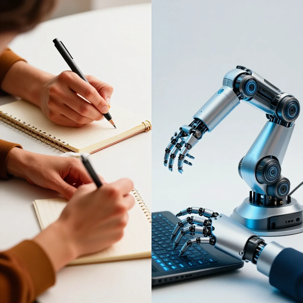 A split-image showing a human hand writing on a notepad contrasted with a robotic arm typing on a digital device, highlighting AI vs Human Copy in ads.