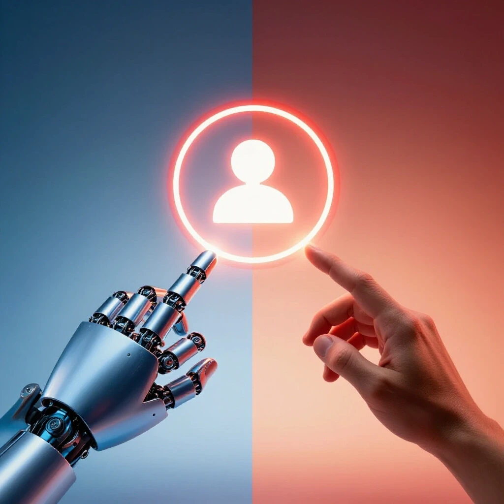 A robotic hand and a human hand reaching for a glowing social media icon, showcasing the contrast between AI and human engagement.