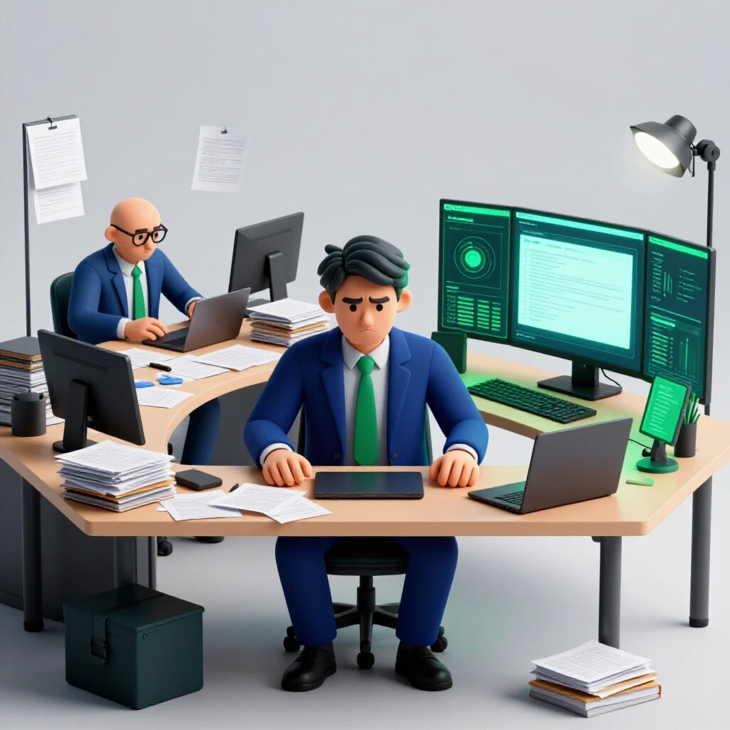 A contrasting scene showcasing an organized digital workspace vs. a chaotic desk with scattered papers.