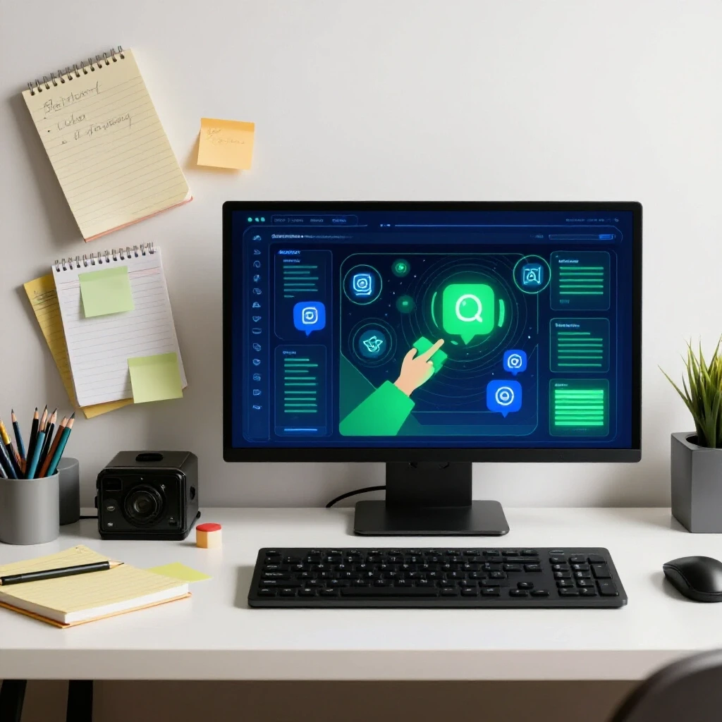 A split image contrasting a chaotic traditional workspace with social media tools and a sleek AI-managed interface.