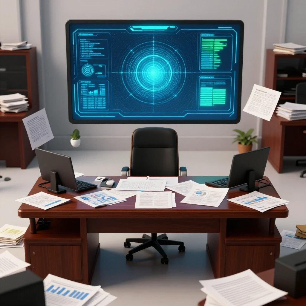 A contrasting image of a cluttered office desk with marketing papers alongside a glowing blue and green AI interface, symbolizing innovation.