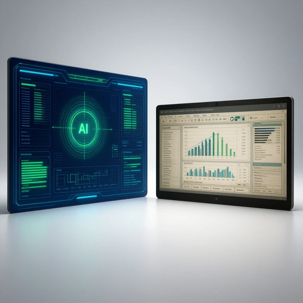 A split-image showcasing an AI reporting dashboard and a traditional analytics interface, emphasizing modern vs classic tools.