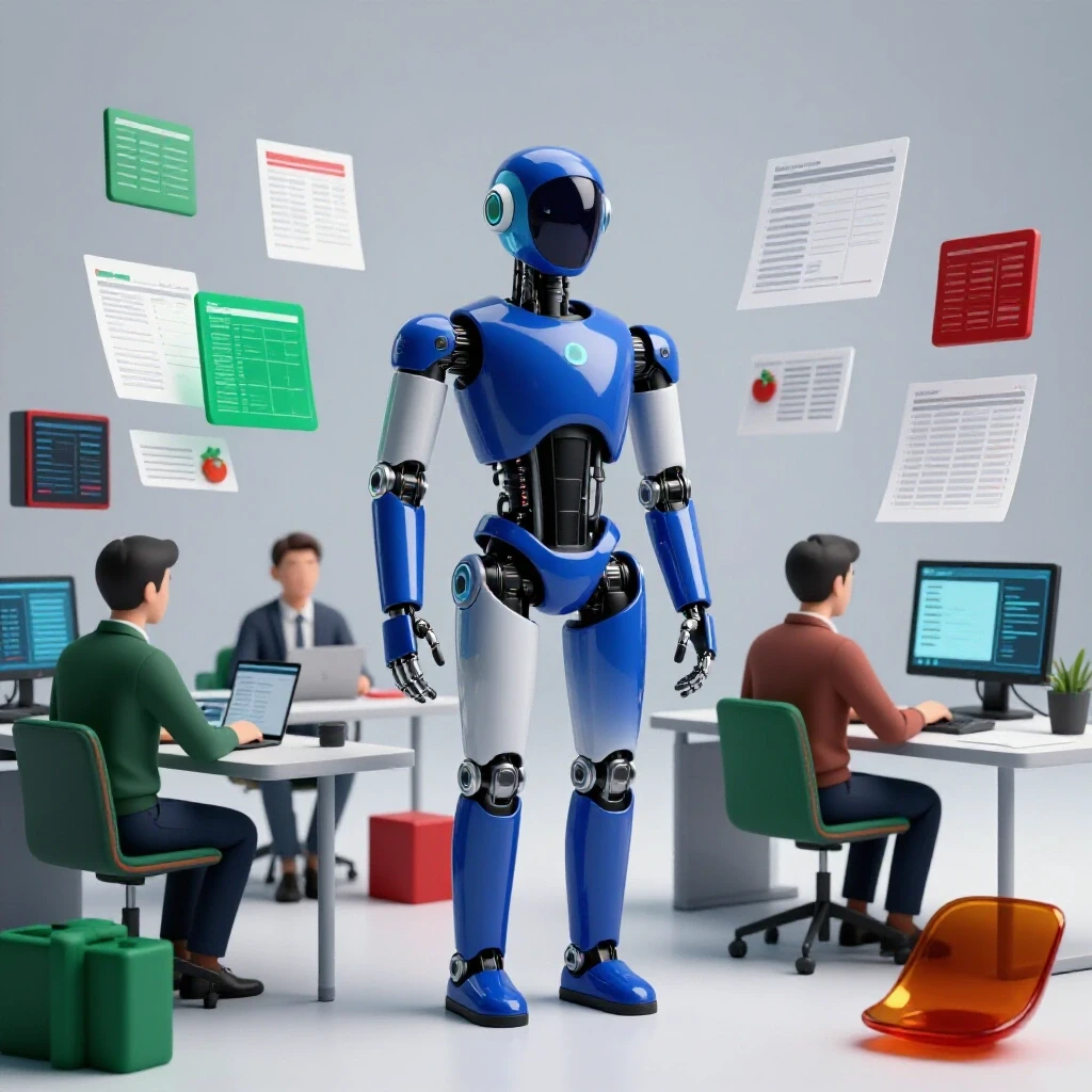 A sleek humanoid AI assistant in a vibrant workspace, aiding a professional with various digital tasks.