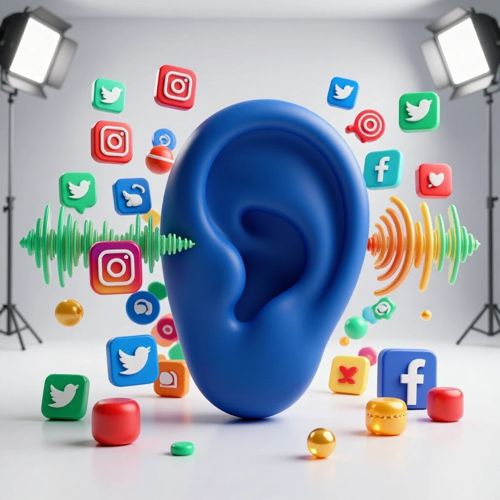 A large ear amidst a colorful digital landscape of social media icons symbolizing listening and engagement.