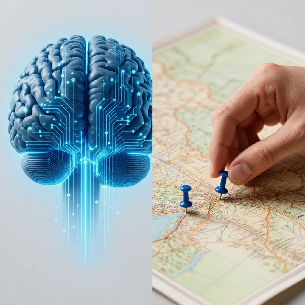 Visual comparison of AI targeting with a digital brain and manual targeting with a hand placing pins on a map.