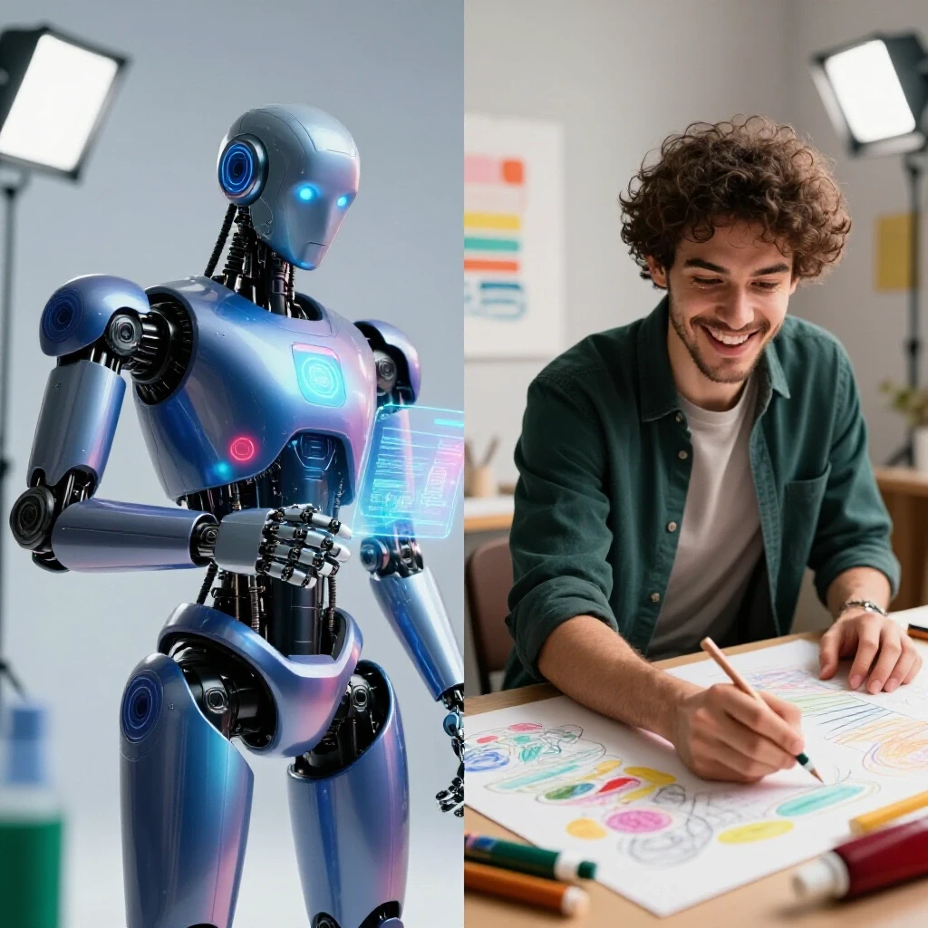 A split-image showing a futuristic AI robot creating digital ad visuals on one side and a human artist painting on the other side to depict technology vs creativity.