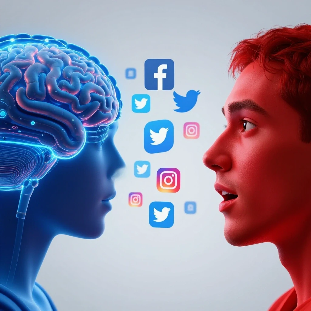 A striking visual representation of AI and human collaboration in social media, featuring an AI brain and a human face.