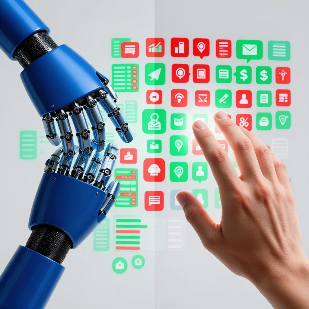 A robotic hand and a human hand reaching towards a colorful social media dashboard, illustrating AI and manual work dynamics.