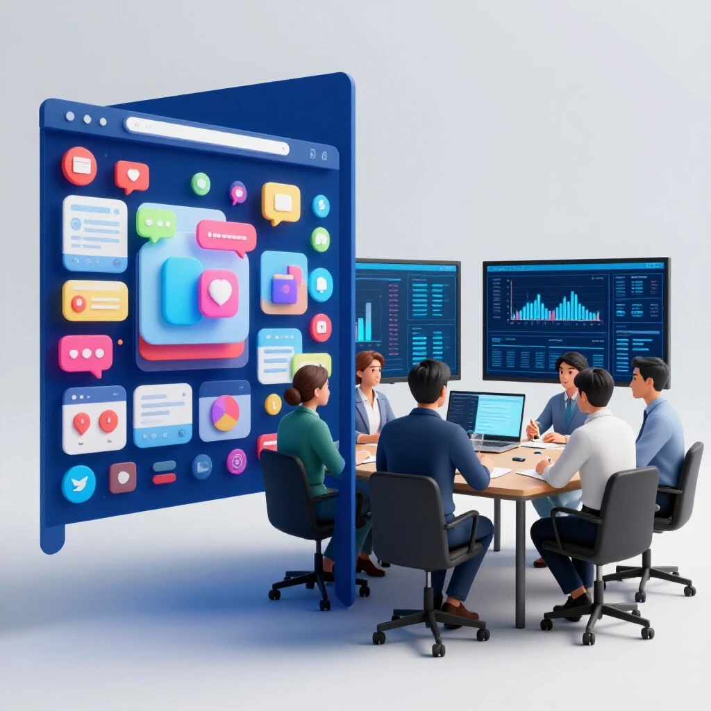 A split-screen image showcasing a vibrant social media interface and a focused sales team analyzing data.