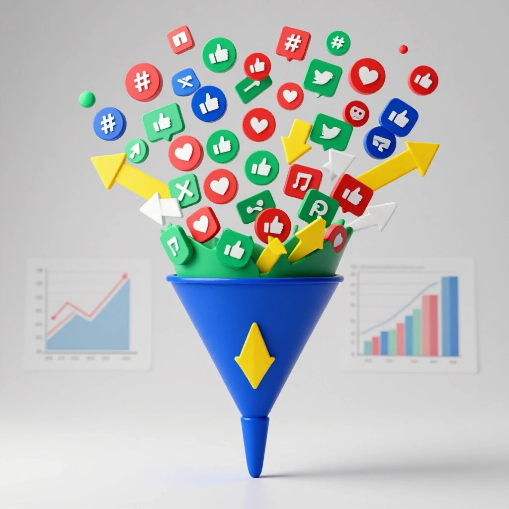 A vibrant 3D funnel illustrating social media icons with highlighted flow interruptions against an analytics background.